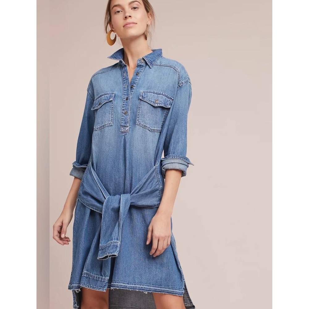 Current Elliott Blue Denim Shirt Dress Waist Tie High Low‎ Raw Hem Size 1 Small
